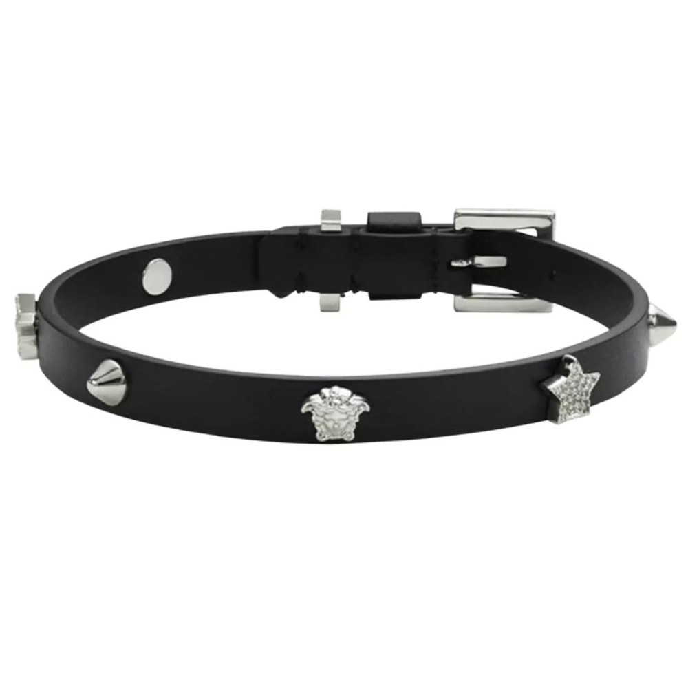 Versace Medusa Logo Star Crystal Studded Black Leather Choker Necklace